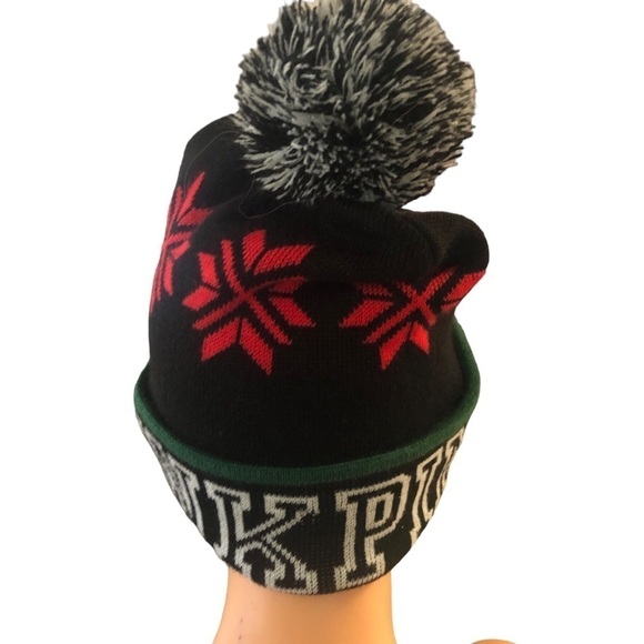 Pink Victoria’s Secret Stocking Cap Beanie Pom Pom Spelled Out Logo Black Red OS - Picture 4 of 5
